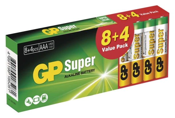 Alkalické baterie GP Super AAA (LR03) 8+4 ks