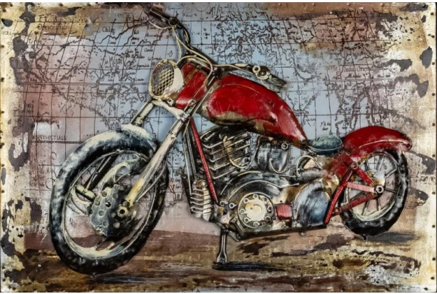 Kovový obraz na zeď Červená motorka veterán 60x40 cm, vintage